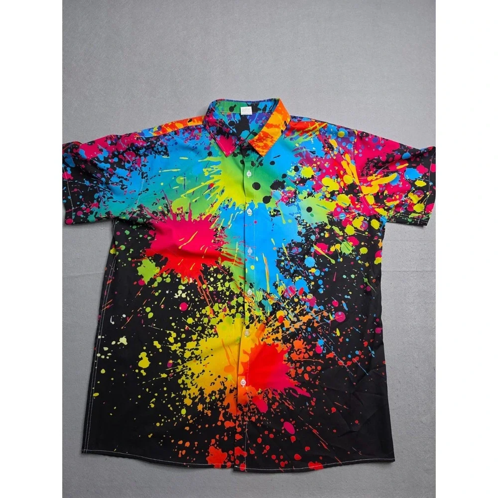 Men's Hawaiian Shirt XL Multicolor Paint Splatter Stretch Short Sleeve Button-Up - Picture 1 of 7